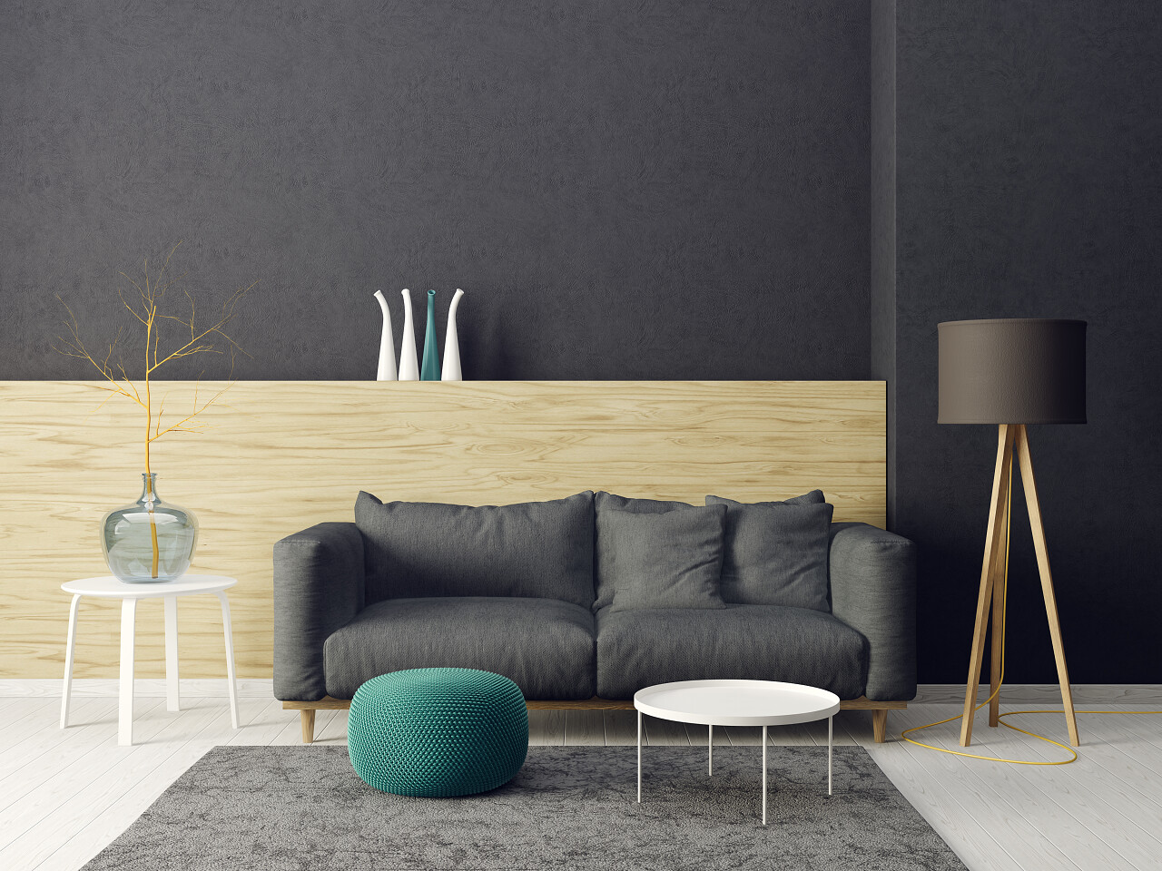 现代客厅有黑色的沙发和灯的室内设计