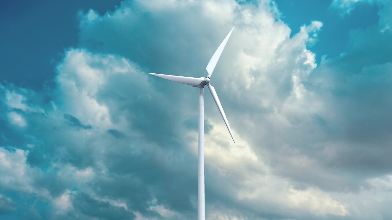 风力发电机组在天空背景上的渲染图新能源发电