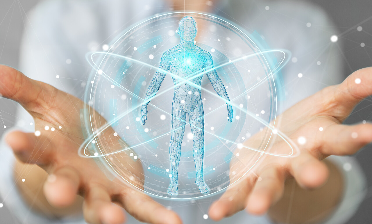 女实业家在模糊的背景下使用射线对人体扫描界面3d渲染