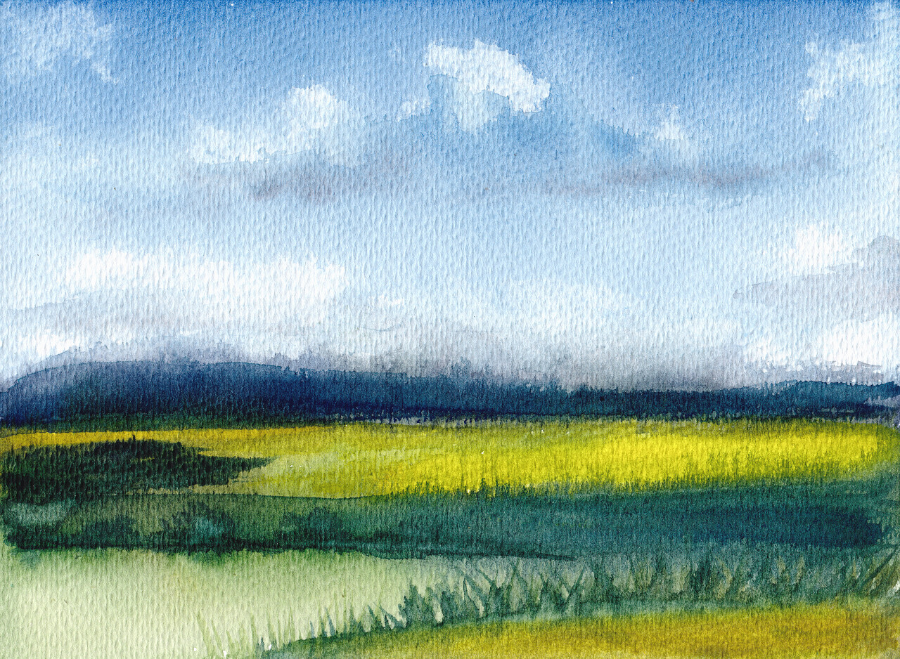 水彩画的夏日山水与群山和蓝天还有云彩和碧绿的空地