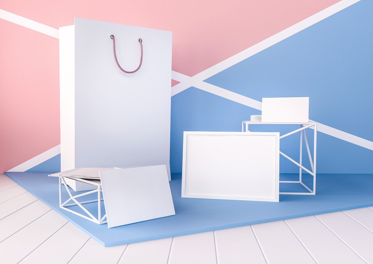 一套纸袋和现代粉红色和蓝色的证书框架