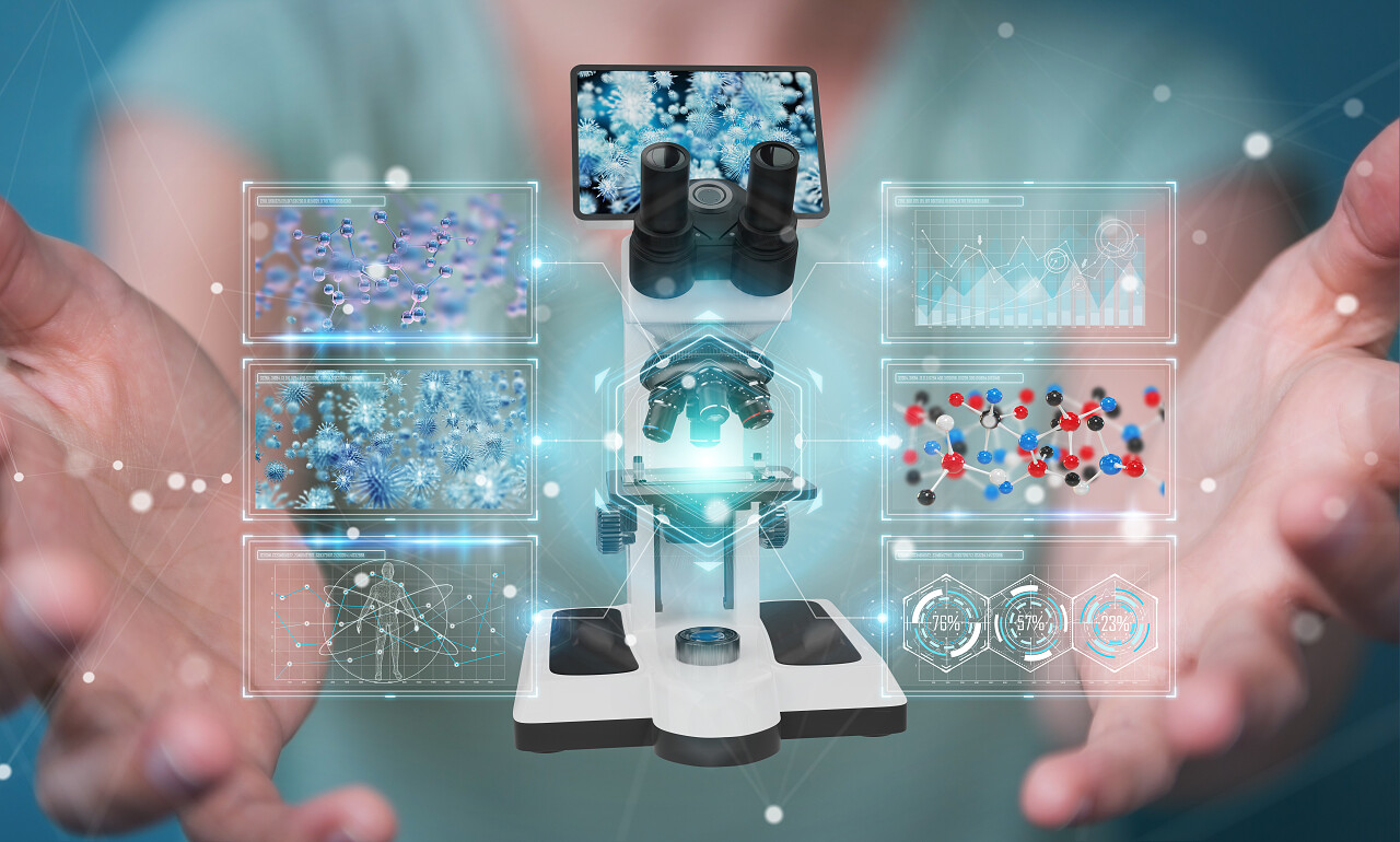 模糊背景的女实业家用现代显微镜进行数字分析3d渲染
