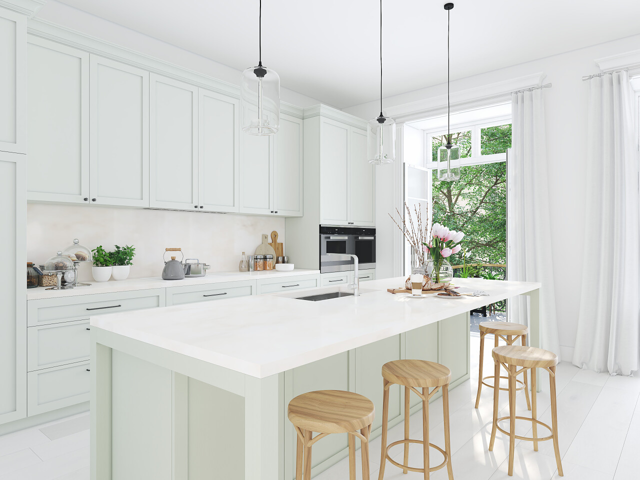 渲染的现代厨房里一间阁楼里