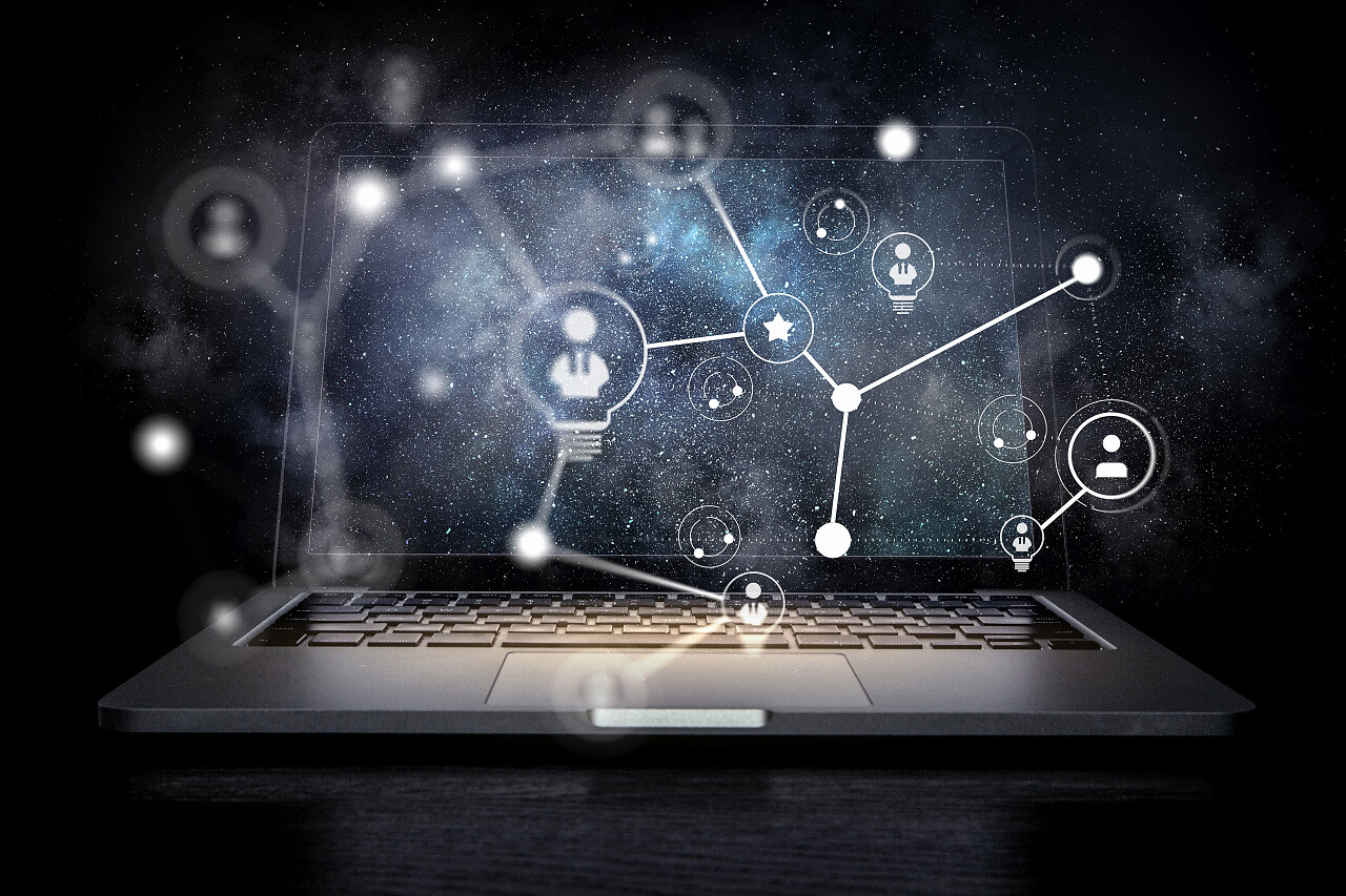 在黑暗的背景和连接网格上的打开的笔记本电脑。3d 渲染