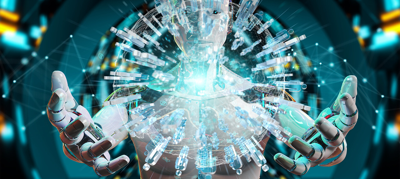 模糊背景下的白男性机器人用数字地球仪连接人3d 渲染