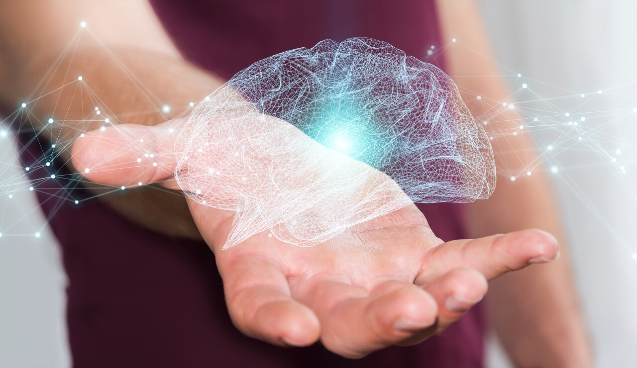 商人使用数字射线人脑界面与细胞和神经元活动3d 渲染提高记忆力