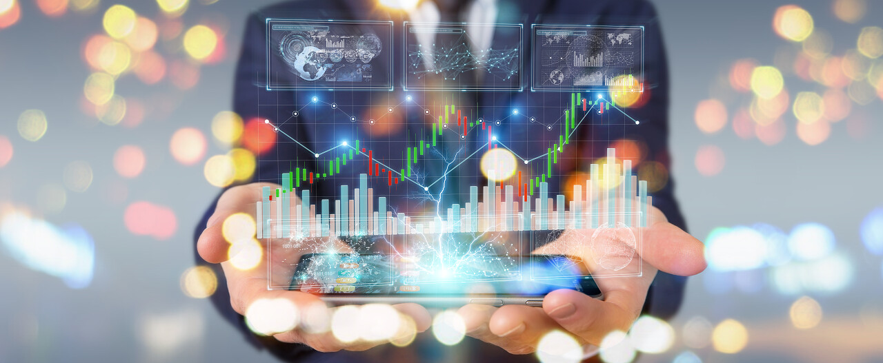 在模糊背景下的商人使用3d 渲染股票交易数据和图表