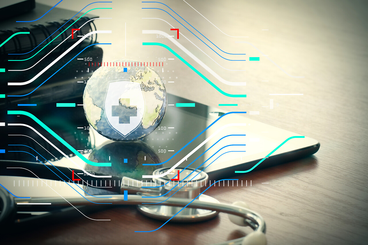 听诊器和纹理地球仪在工作室