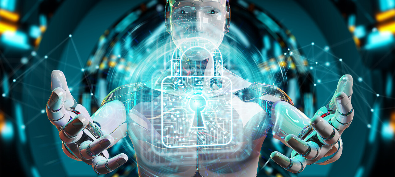 模糊背景下的白人机器人保护数字数据