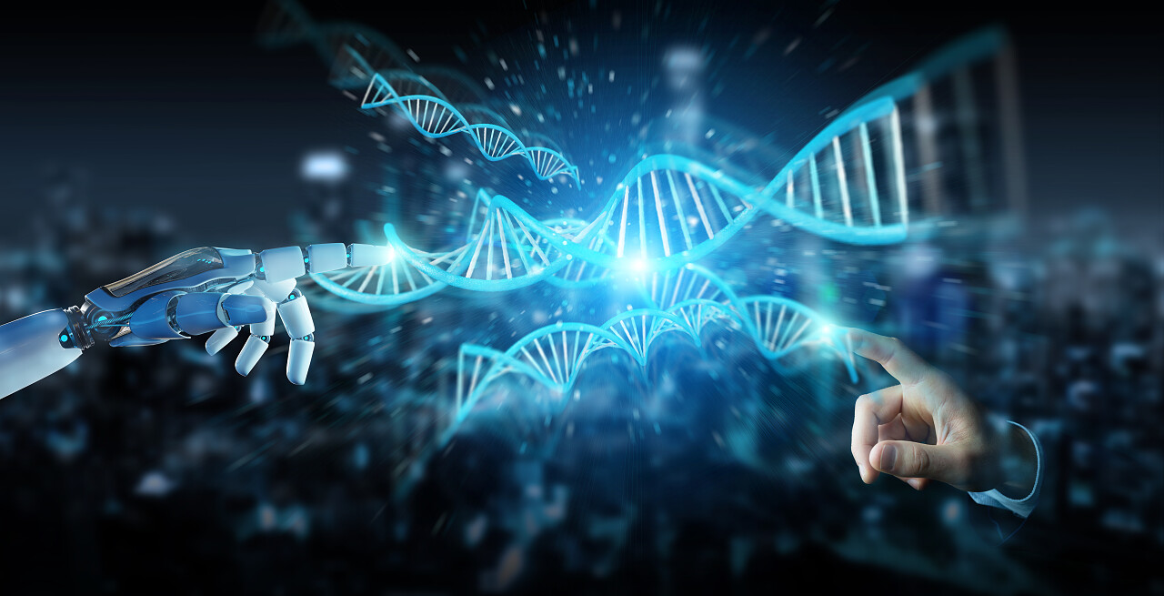 白色机器人手在触碰数字粒子