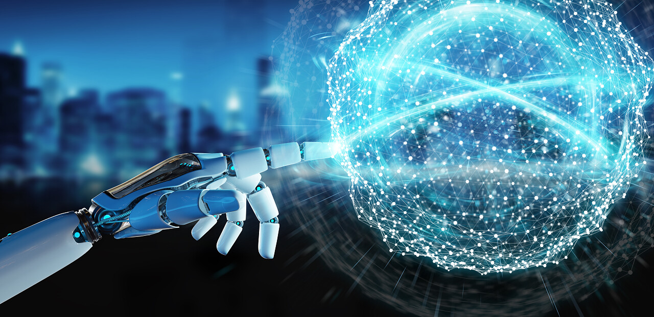 白色仿人手在模糊背景下使用数字全球网络3d渲染