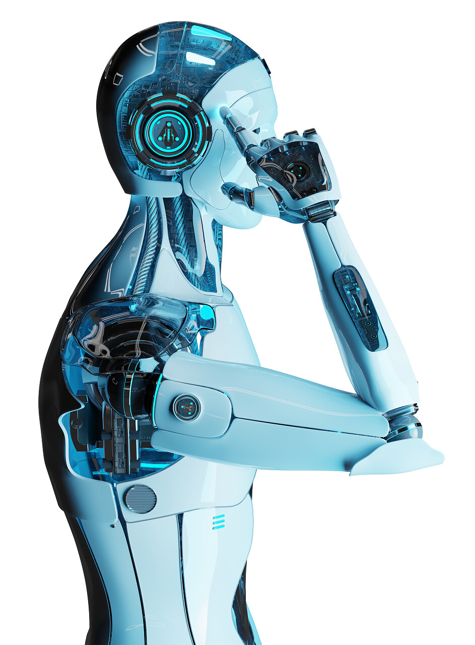 白色的男性机器人思考和触摸他的头机器人思考