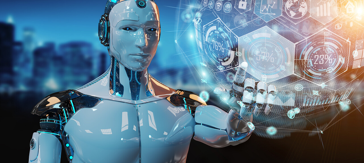 用数字海图接口3d 渲染的白色男性机器人