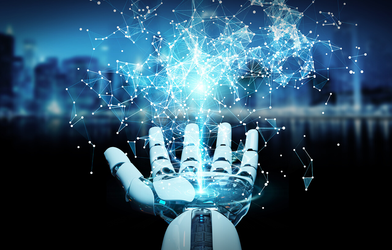 白色仿人手在模糊背景上使用数字地球显式接口3d渲染