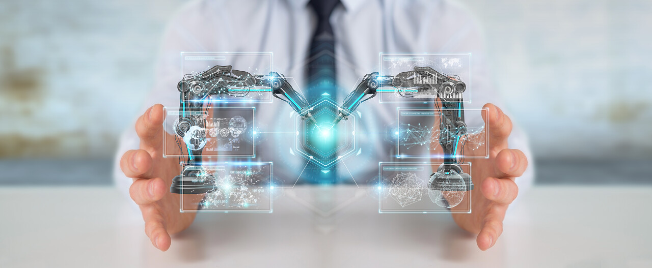 商人在模糊的背景下使用机器人手臂