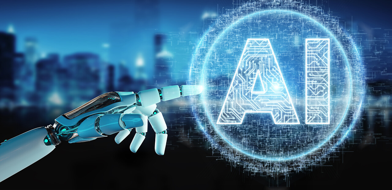 白色人形手在模糊的背景使用数字人工智能