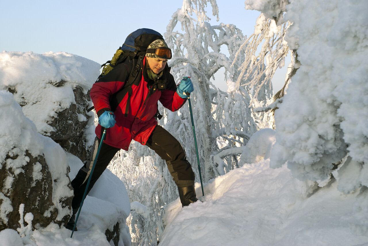 旅行者在美丽的冬天超越峭壁