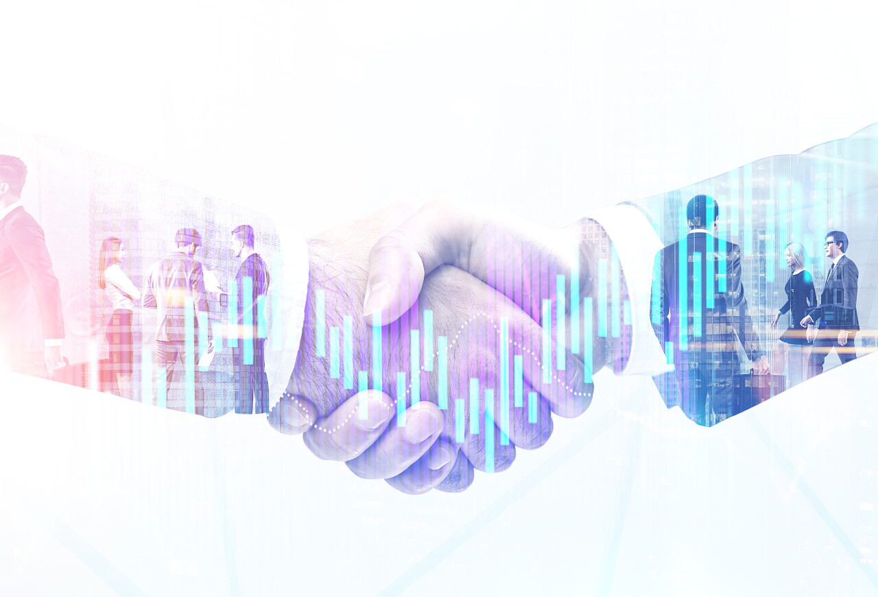 业务团队前景图像双曝光模拟合作团结握手企业团结团结合作平台商务人士合作握手