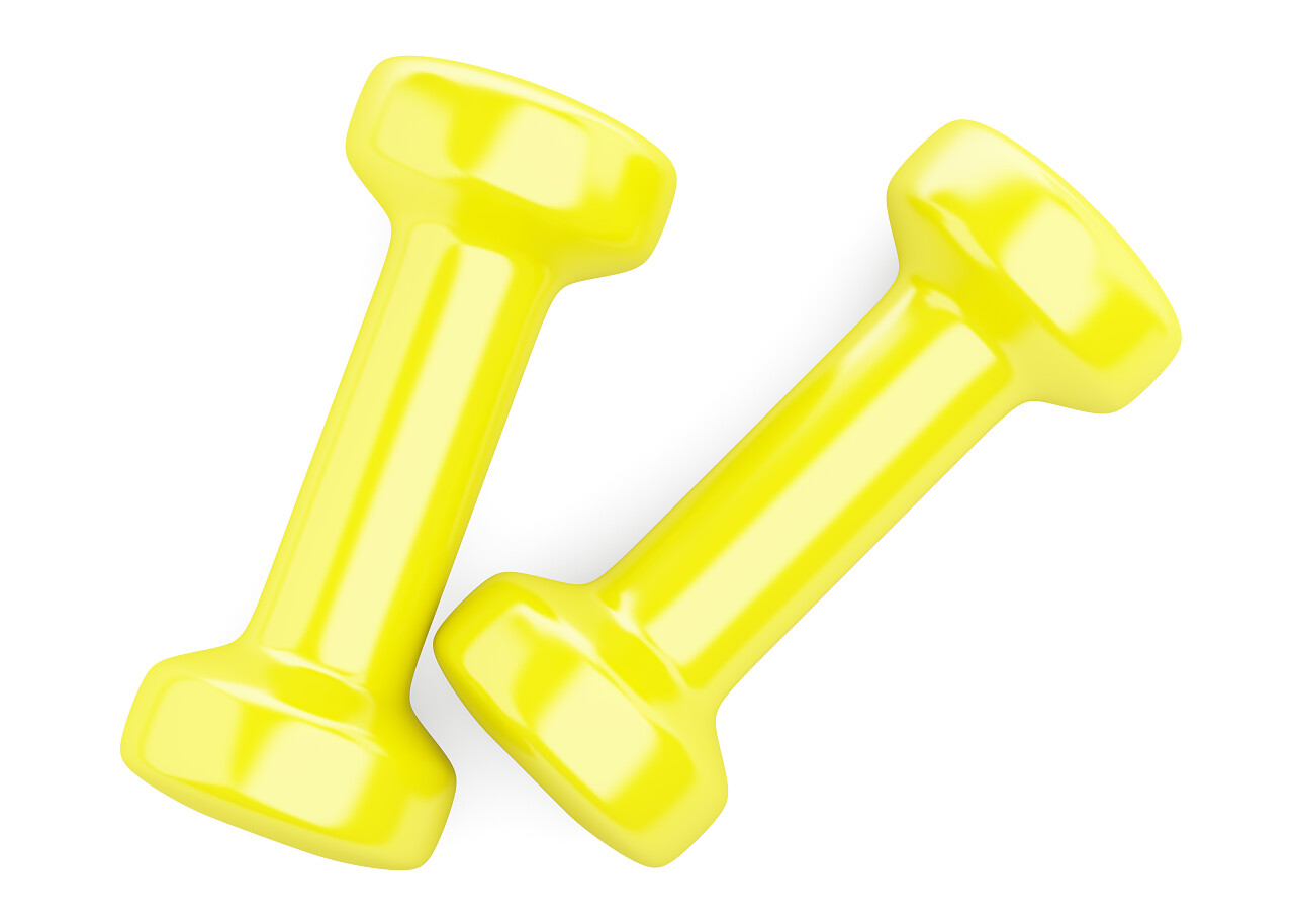 黄色哑铃在白色背景上健身器材