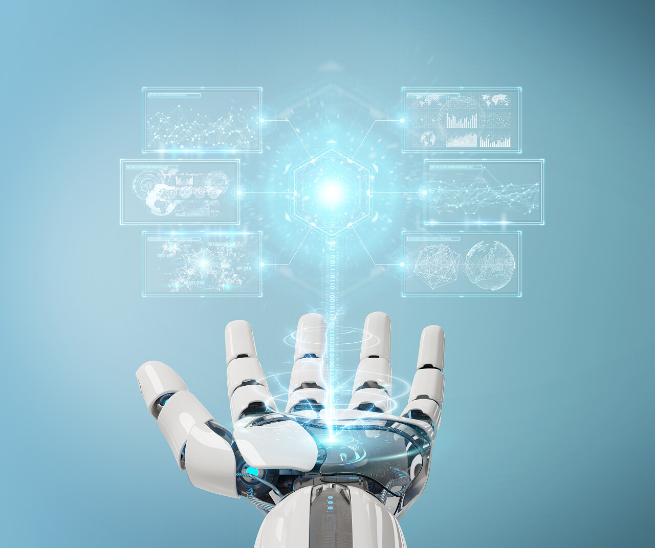 白色机器人手在使用数字数据接口