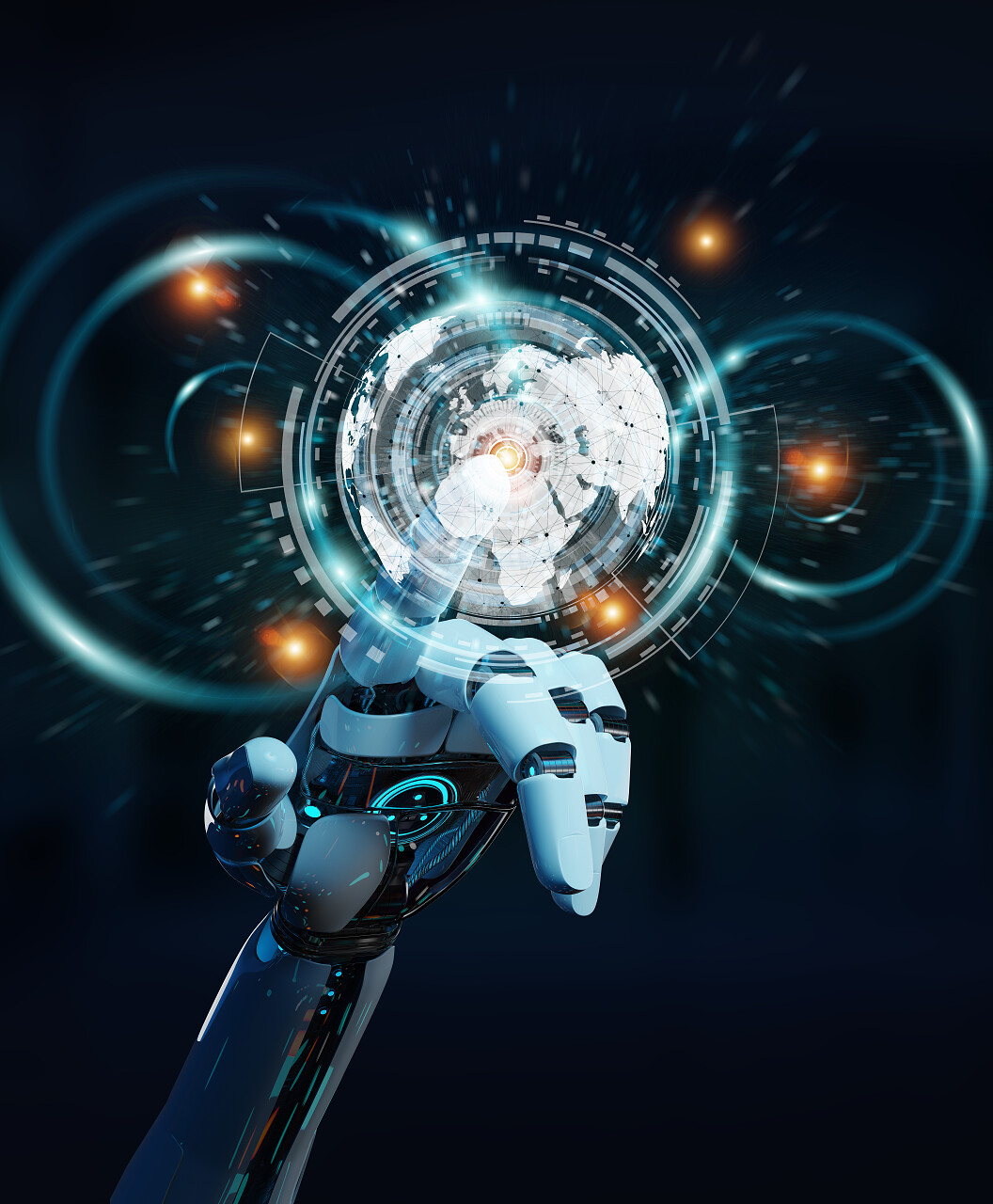 机器人的手指着数字屏幕接口