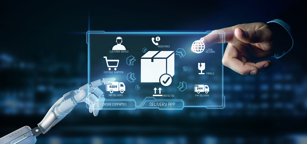 持有Logistic交付应用程序屏幕3D渲染的机器人手的视图