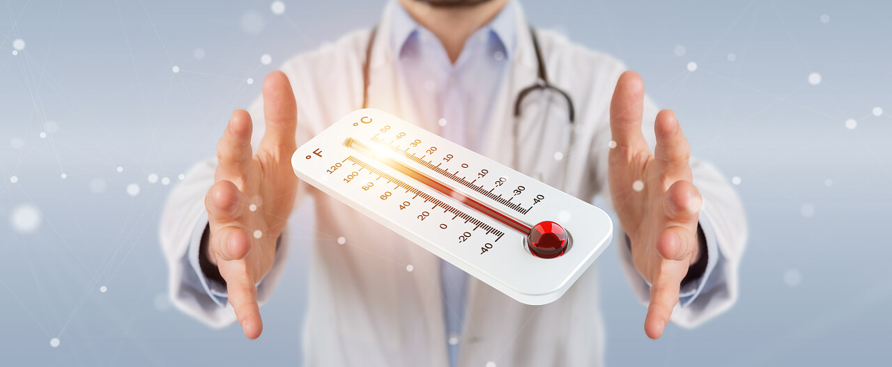 模糊背景的医生持有红色热数字温度计3d 渲染