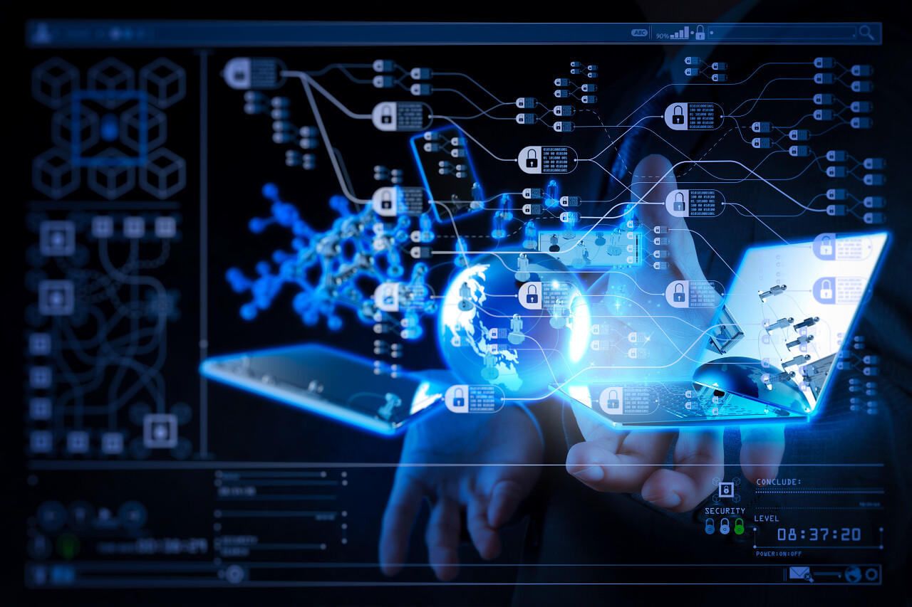 技术概念与链和加密块的图