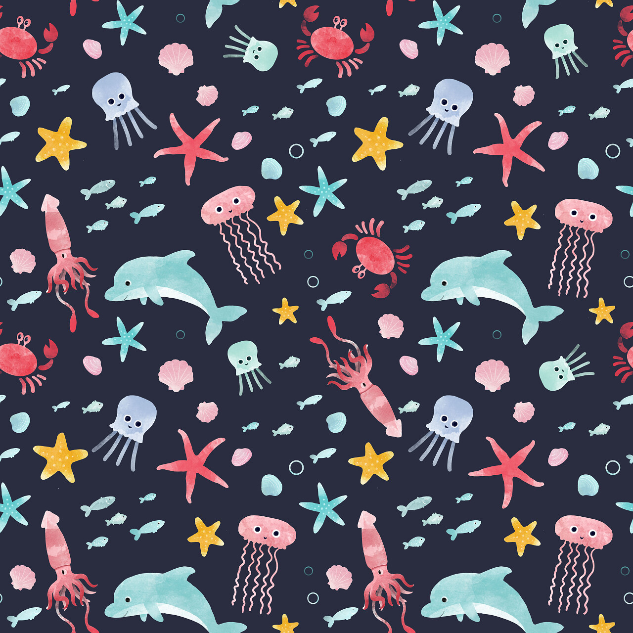 美丽的无缝图案手工绘制水彩海洋动物鱼