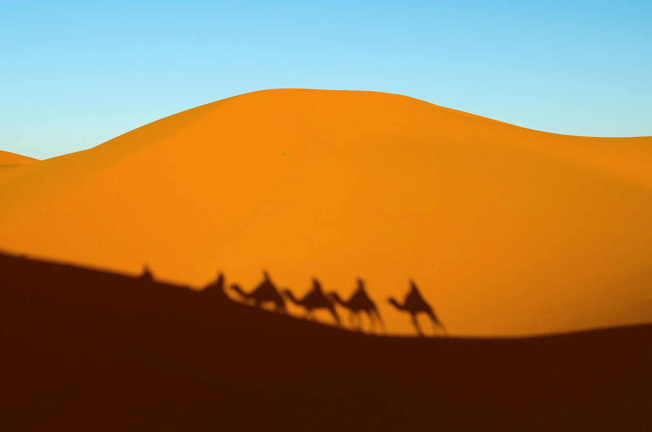 橙色沙丘和人骑骆驼剪影沙漠旅游