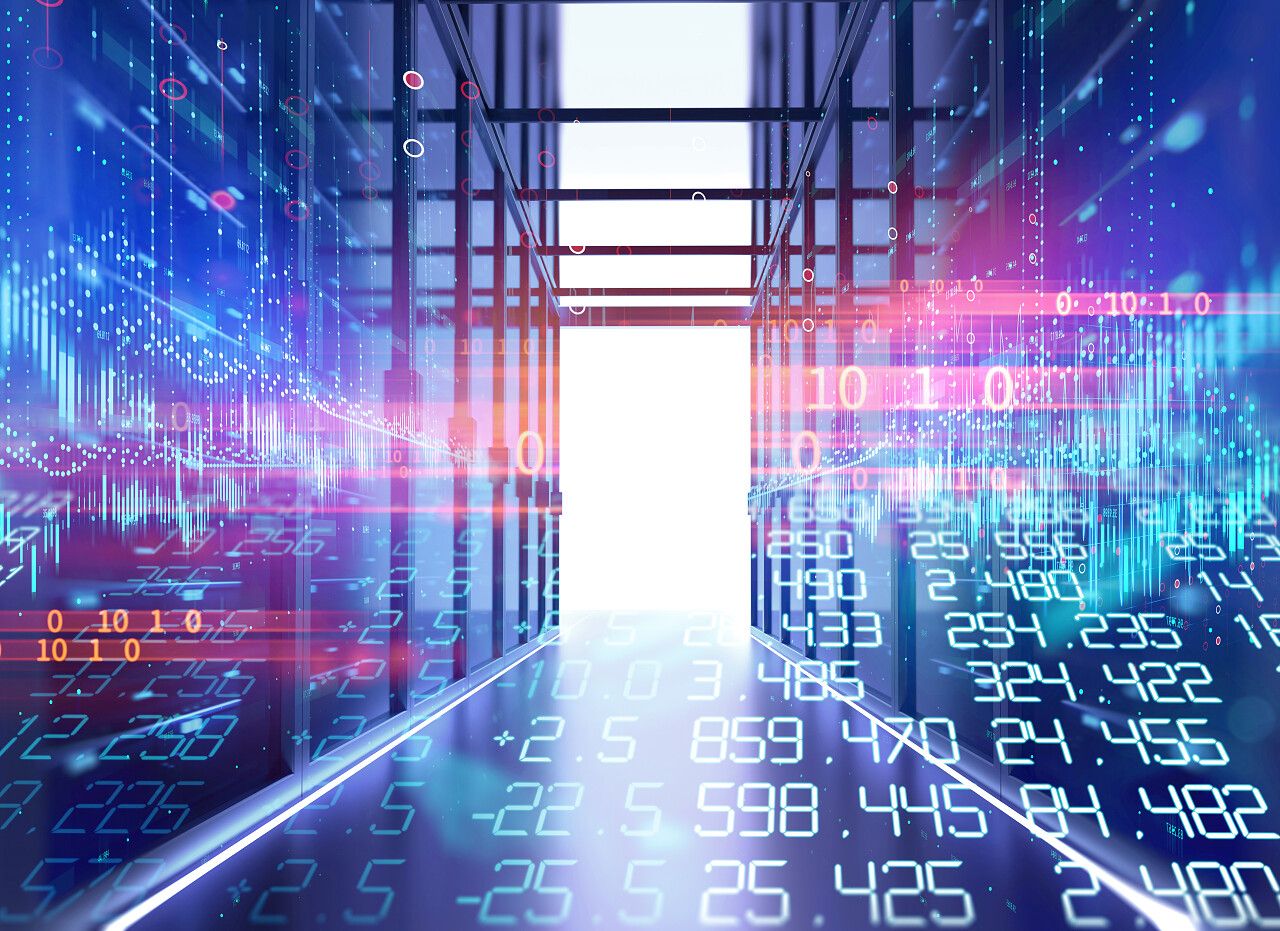 服务器室3d 插图与节点基编程数据设计元素.大数据概念