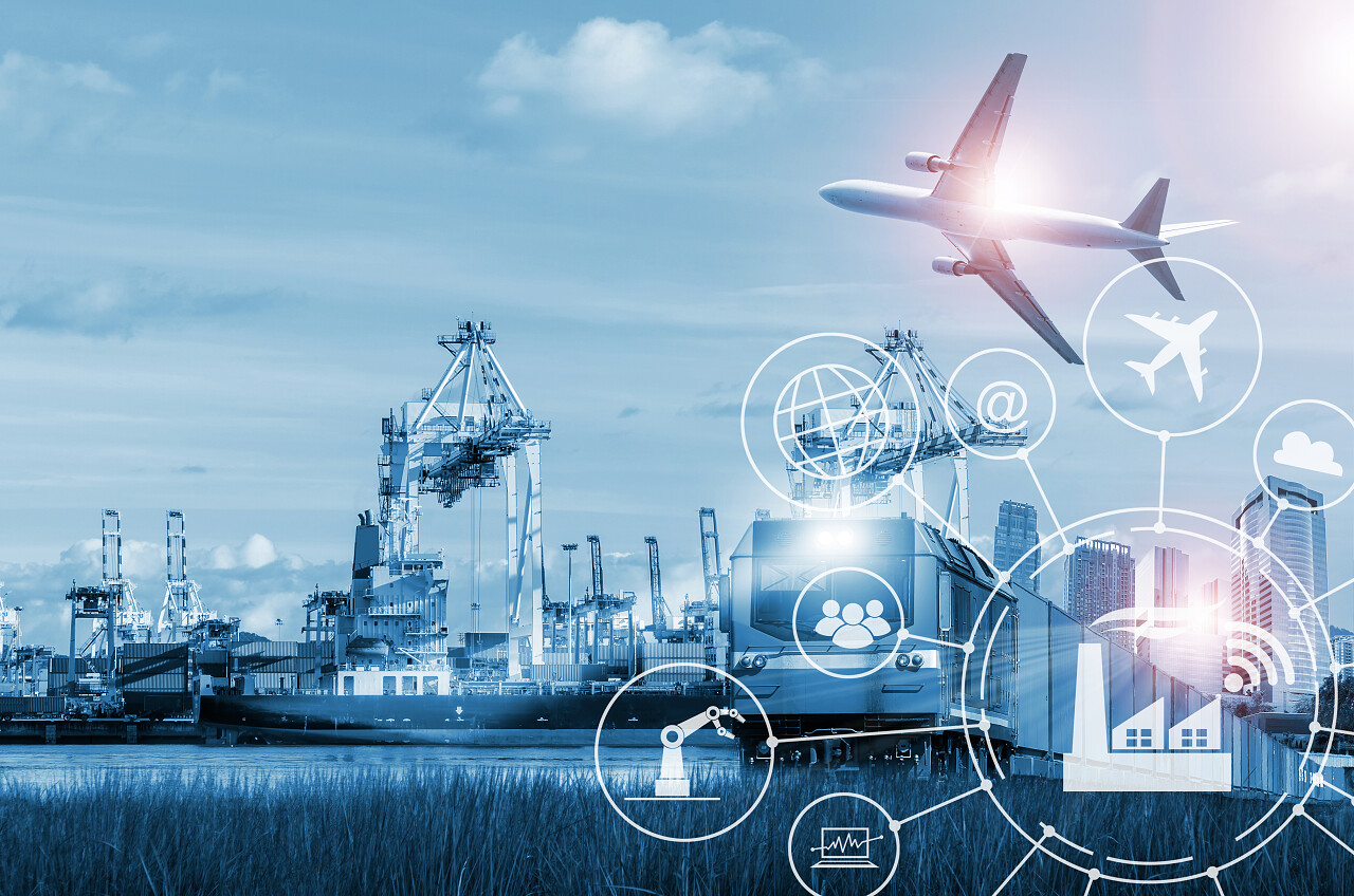 智慧城市交通海运业与集装箱船舶在港口和货物运输中的货运及进出口商业物流.物流平台智慧物流平台国际物流配送空运