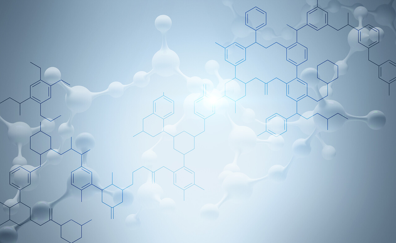 医疗健康白色分子模型在蓝色原子网格和灰色背景。化学、物理和药学的概念。3d 渲染复制空间色调图像双曝光