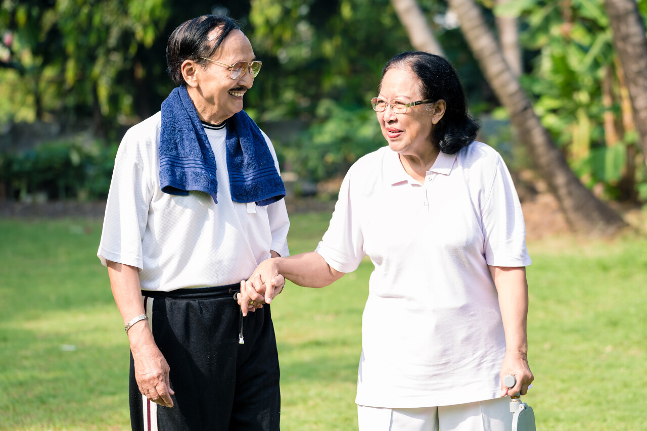 幸福的老夫妇牵着对方的手在公园里散步晚年幸福活力老人微笑的老人