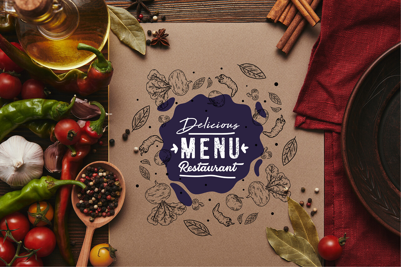美味菜单餐厅卡片上的 美食字样香料和蔬菜
