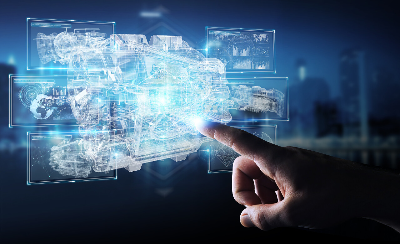 在模糊背景下的商人使用线框全息3d引擎的数字投影