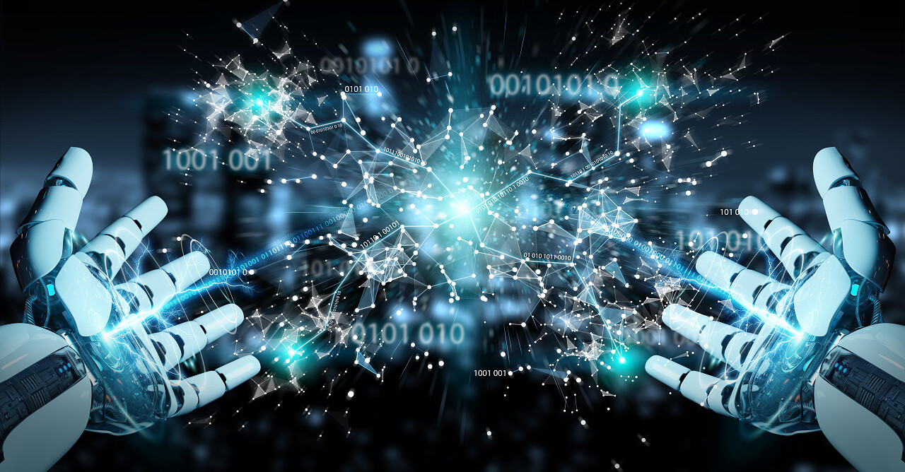 白色的手在模糊背景上使用数字地球显式接口的3d渲染