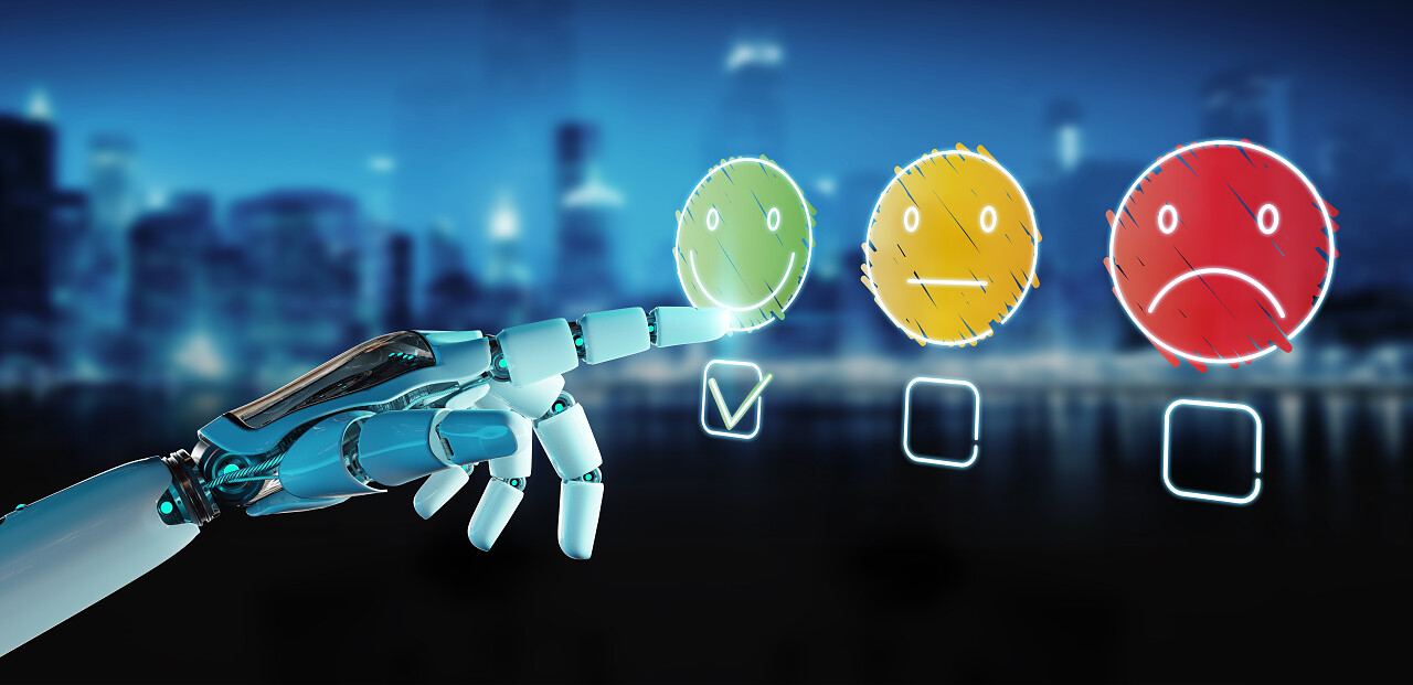 模糊背景下的白色机器人用手进行客户满意度评定