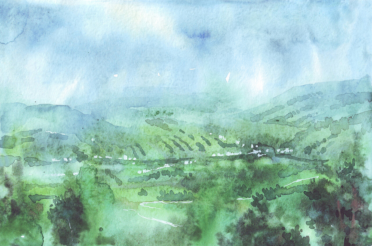 在喀尔巴鄂山的夏天水彩画