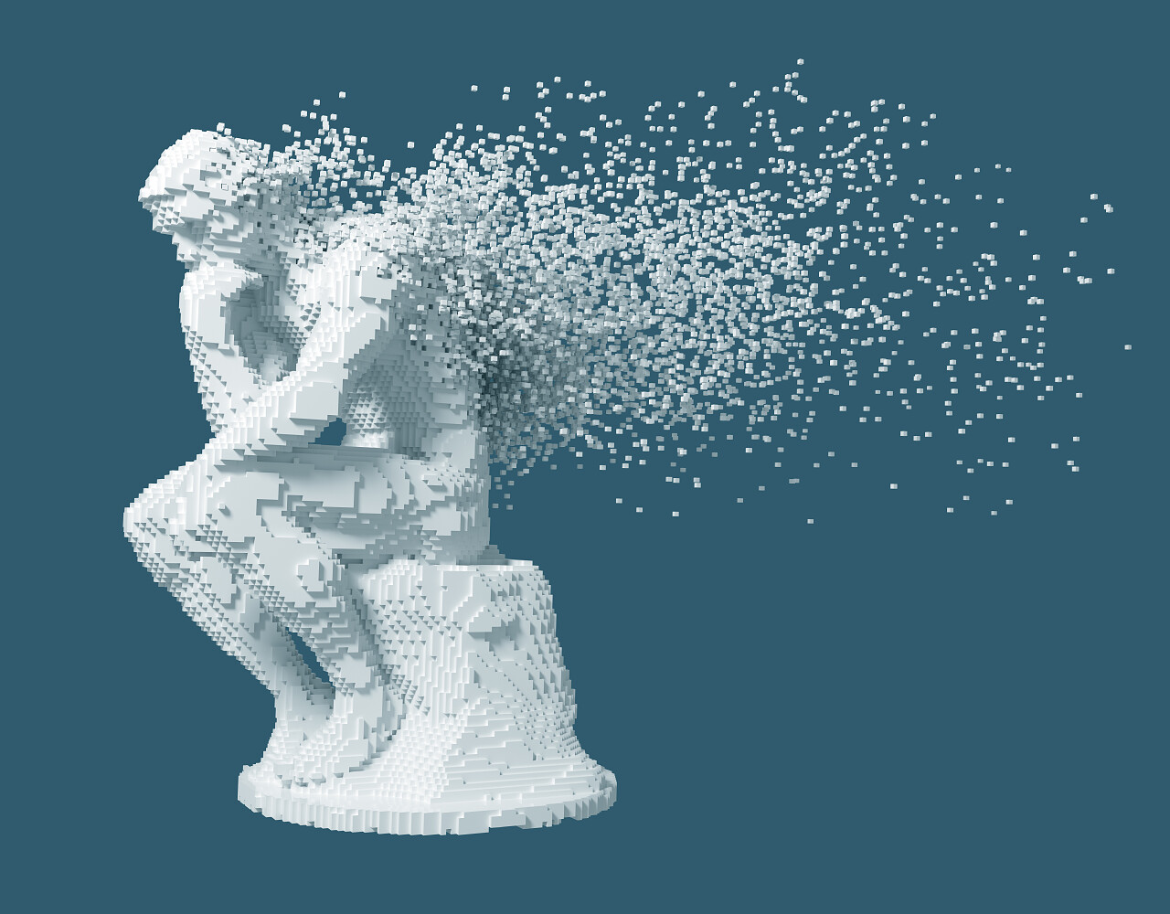 碎裂数字组成的雕塑思想家