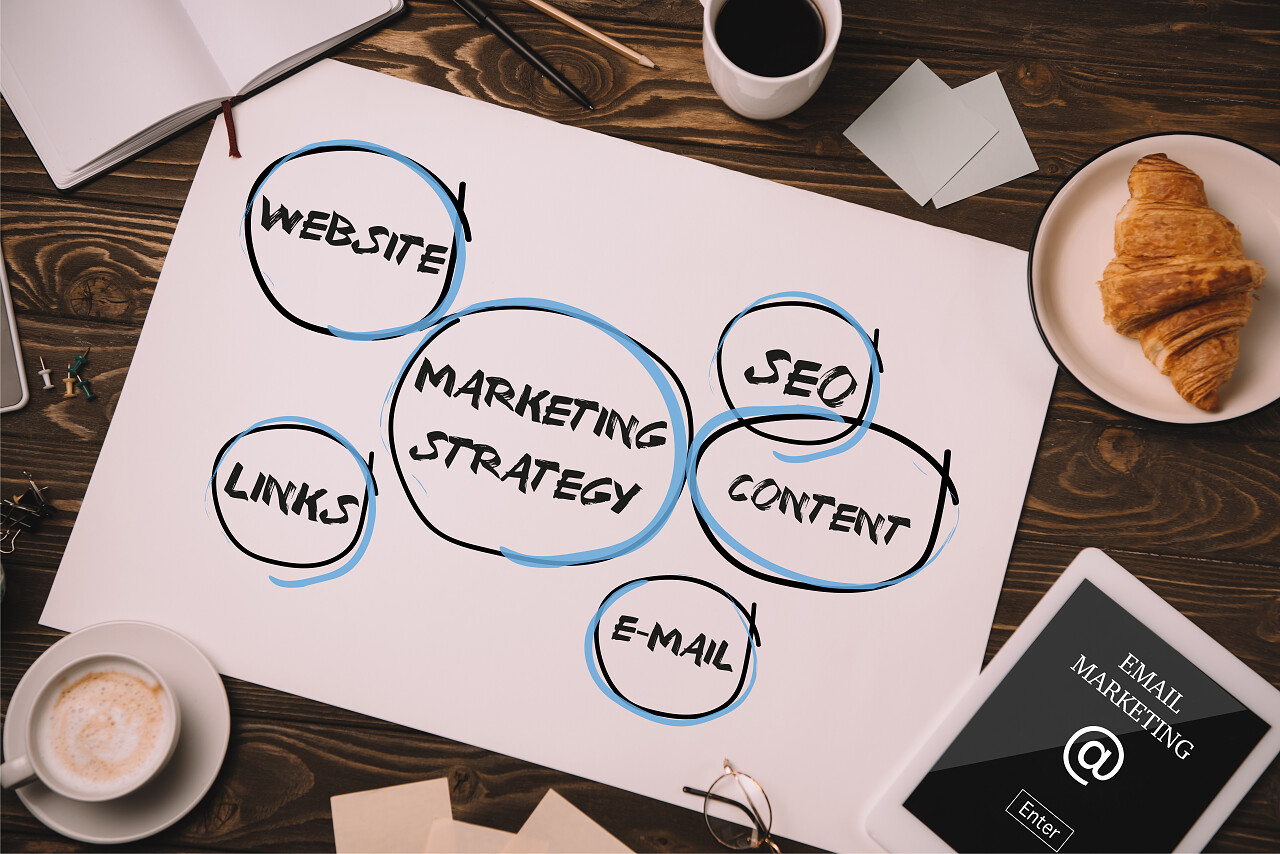 纸张羊角面包和木桌上的咖啡杯