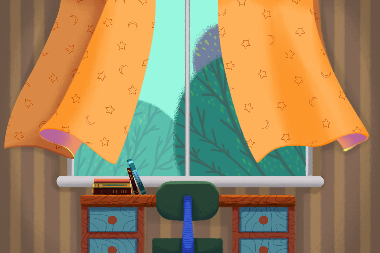 手绘插画书桌前