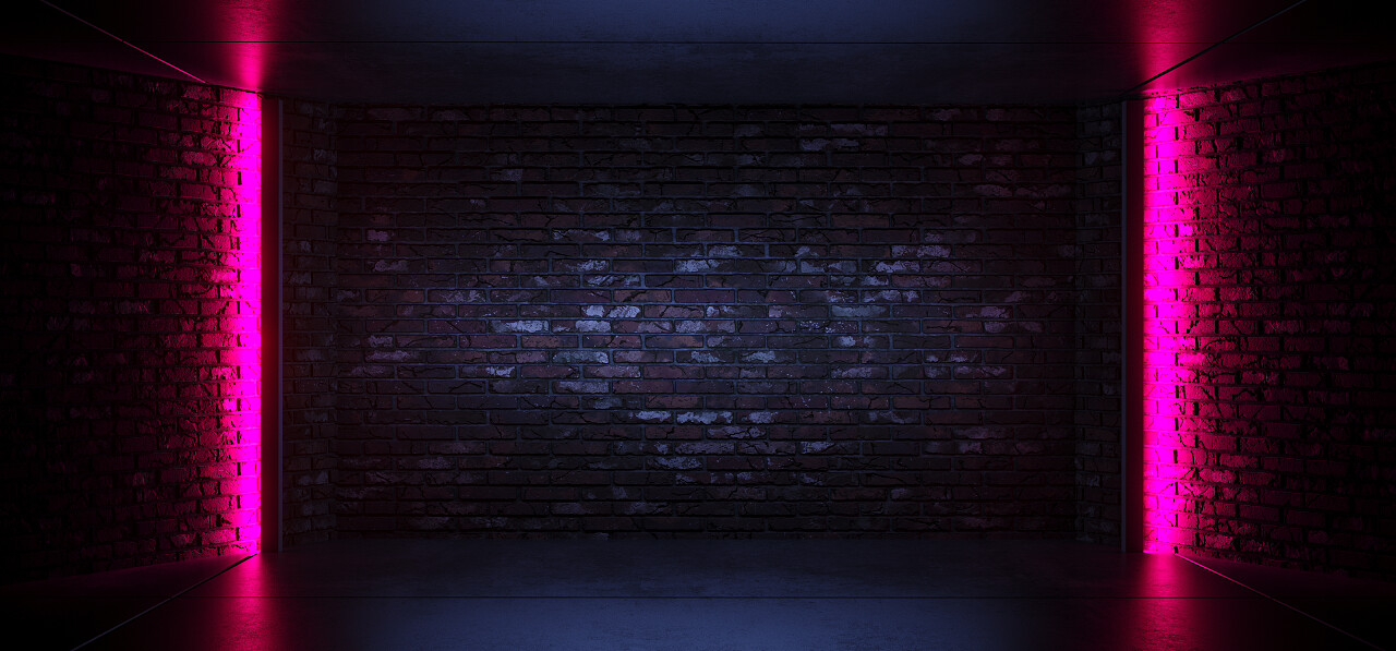 现代未来派科幻复古优雅俱乐部迪斯科党霓虹灯发光紫色粉红色蓝色凸起砖混凝土房间与发光灯空舞台背景3d 渲染插图