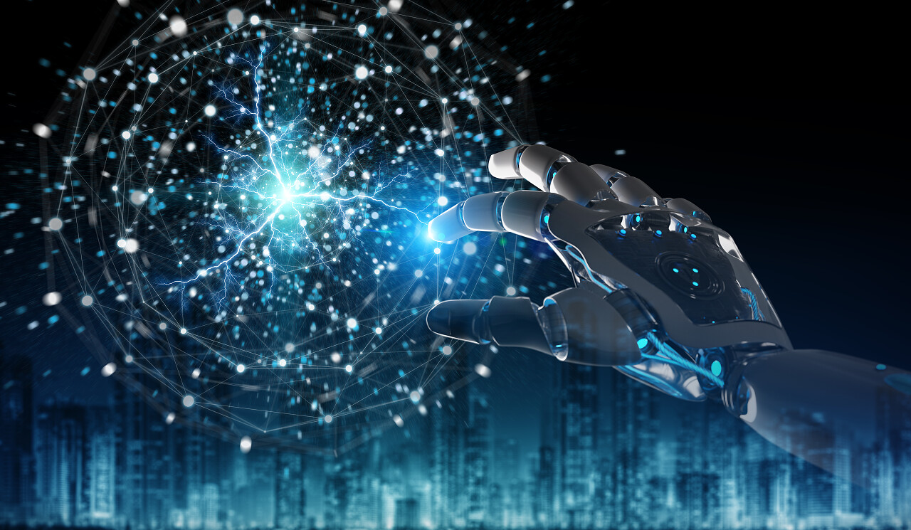 智能机器人人形使用数字全球网络与他的手3d 渲染