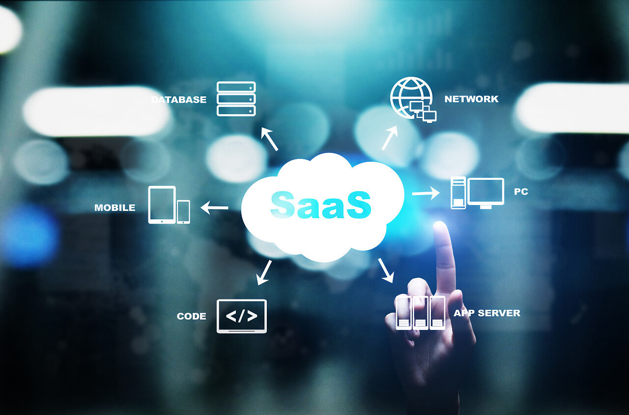 Saas-软件即服务按需提供虚拟屏幕上的互联网和技术概念.