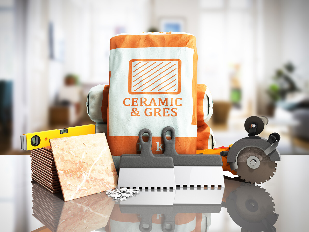 瓷砖胶粘剂在包装瓷砖胶铺工具3D渲染在房间背景