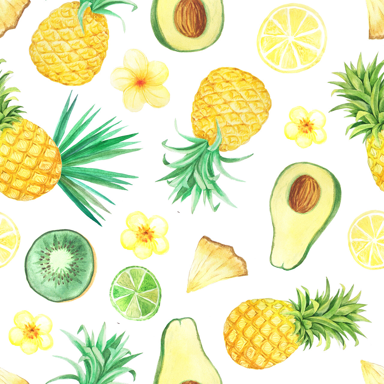 柑橘,奇异果,菠萝和羽花手绘异国情调的水果夏季明亮背景