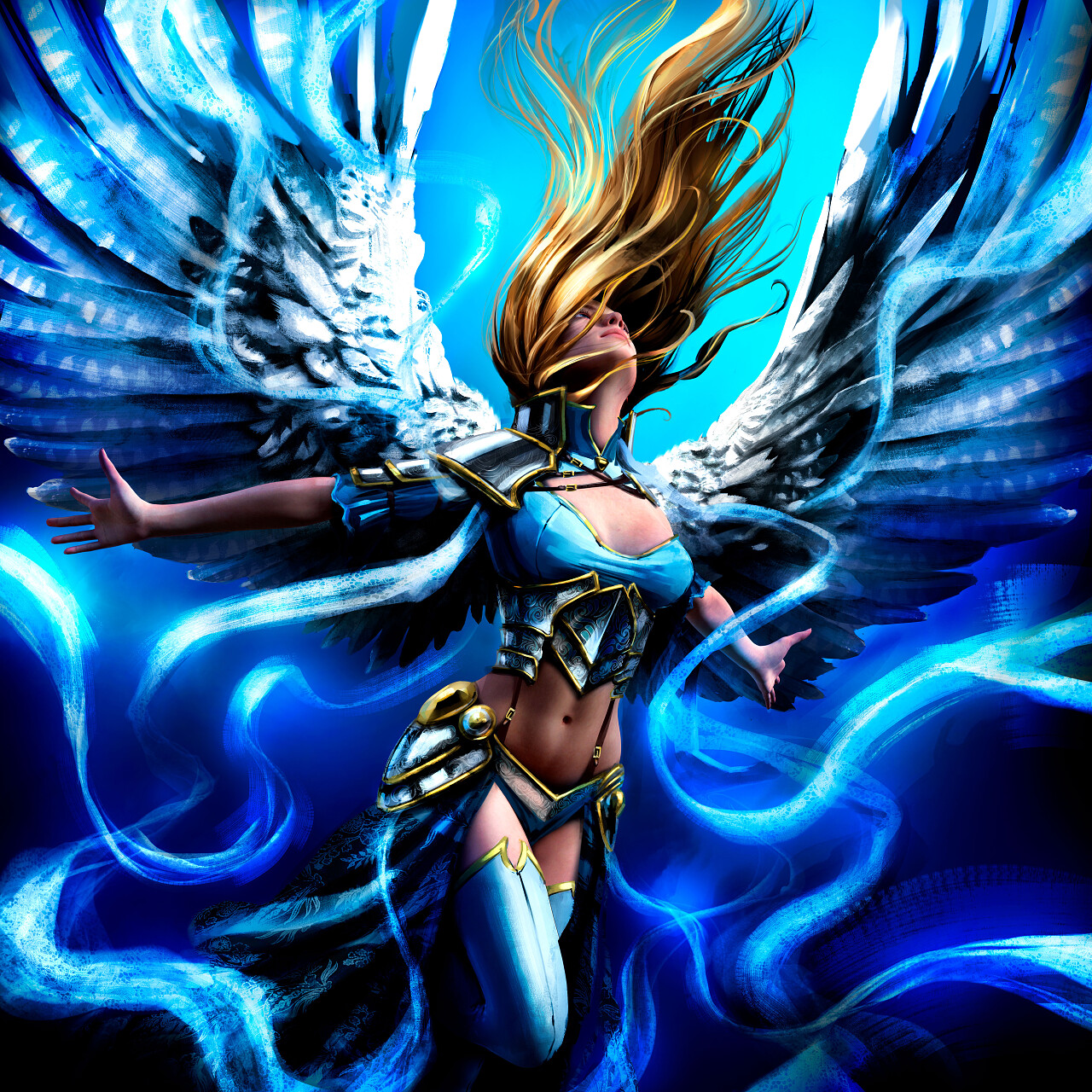 美丽的天使女孩与展开的翅膀飞起来2d 插图