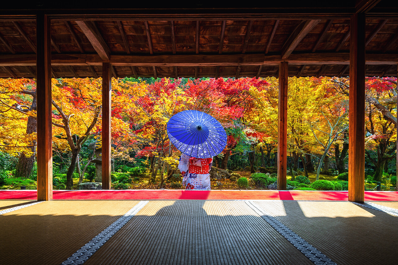 日本京都恩科寺妇女穿着日本传统和服