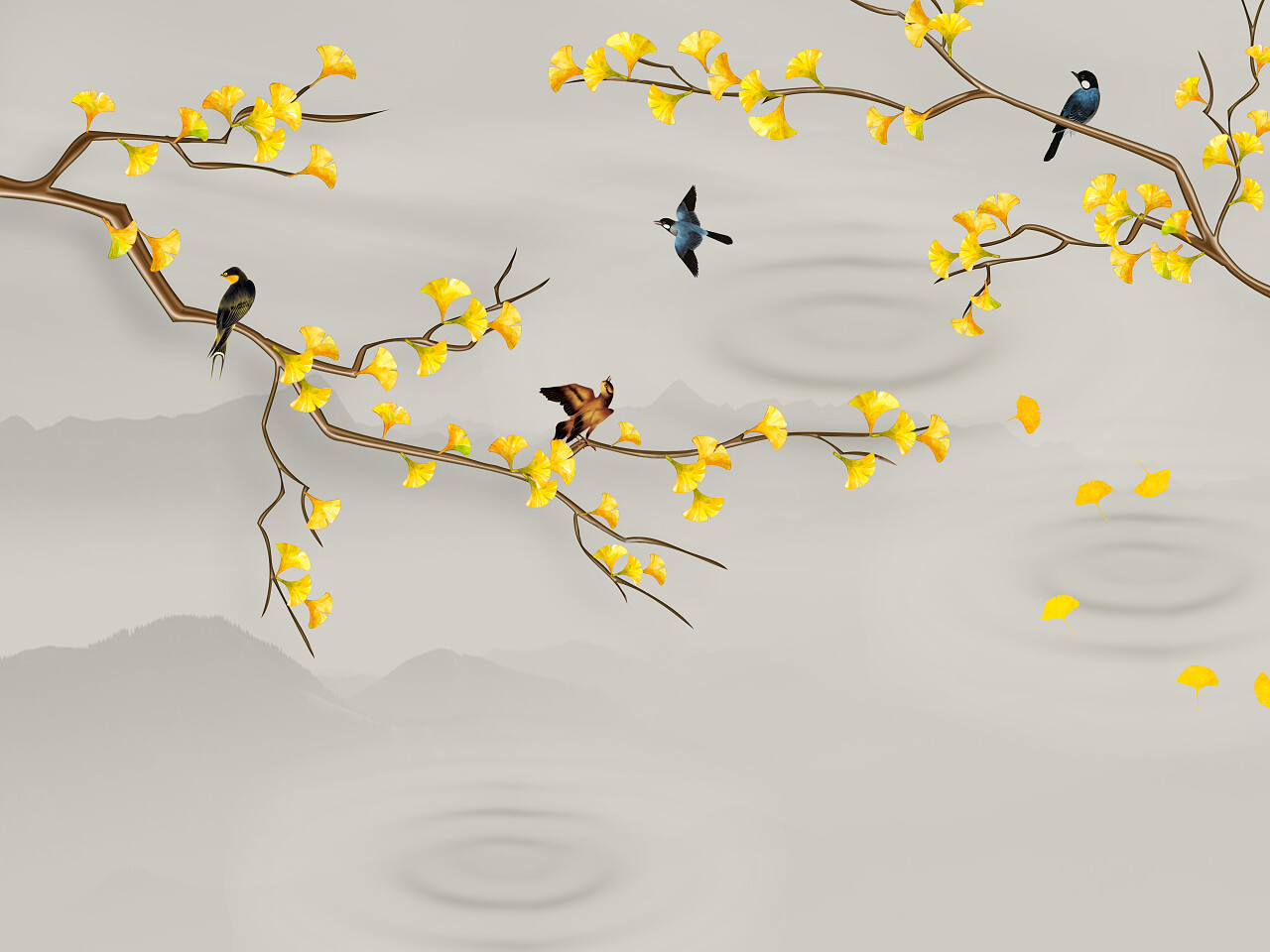 灰色背景棕色的树枝与黄叶鸟坐在树枝上